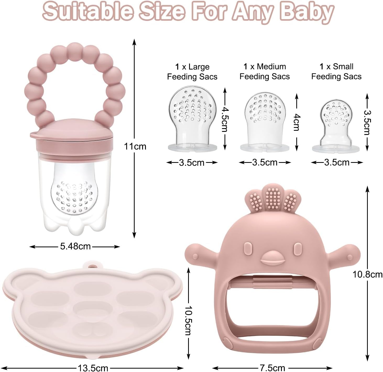 3 Pack Silicone Teething Mitten for Babies with Baby Fruit Food Feeder & Freezer Tray Set, BPA Free Infant Teething Relief Toy for 3 Month+, Additional Silicone Sacs