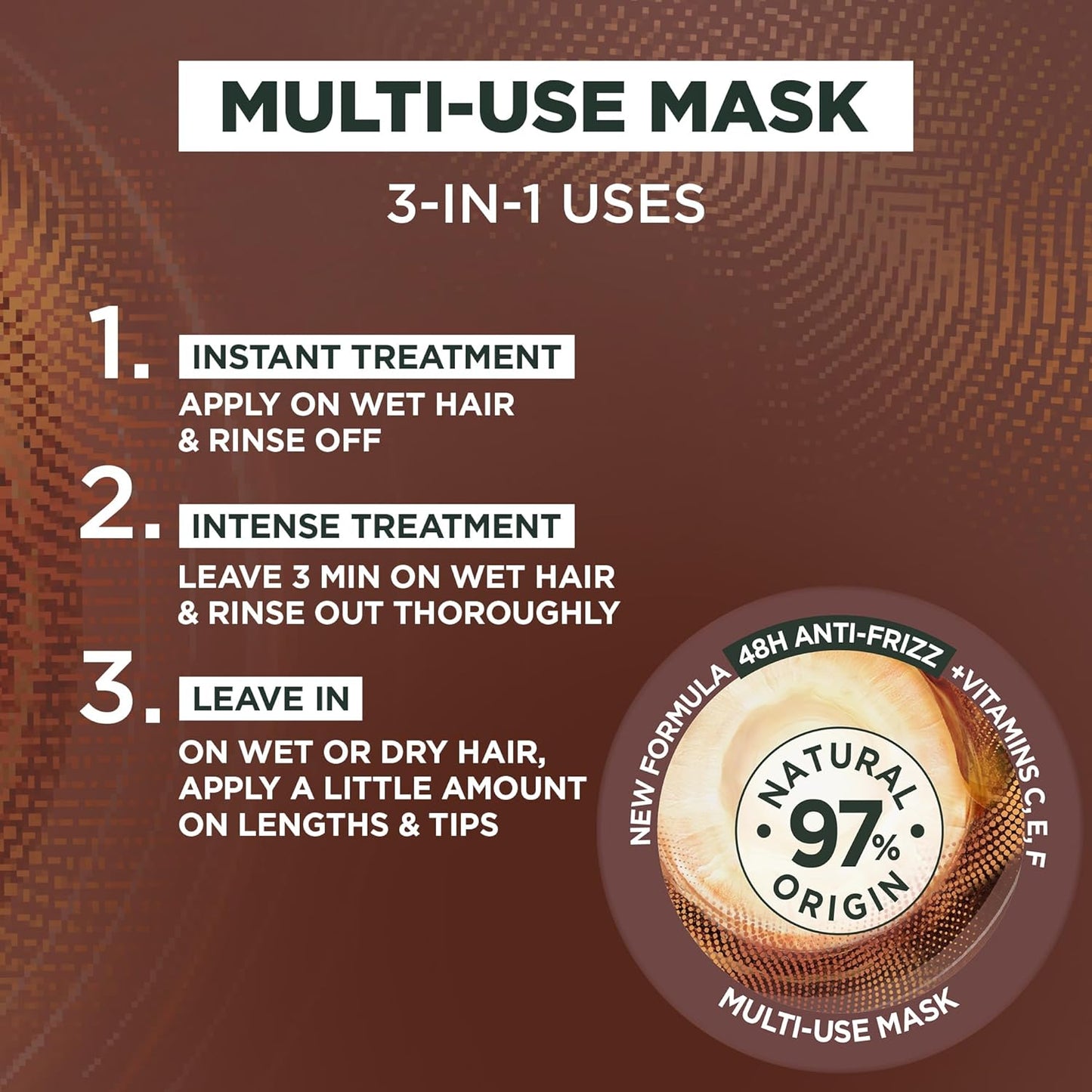Fructis Hair Food Smoothing Macadamia 3-In-1 Hair Mask Treatment, Frizz Control for Dry Hair - Vegan, 98% Natural Origin, Silicone-Free, Tames and Softens Hair for a Smooth Finish, 390Ml