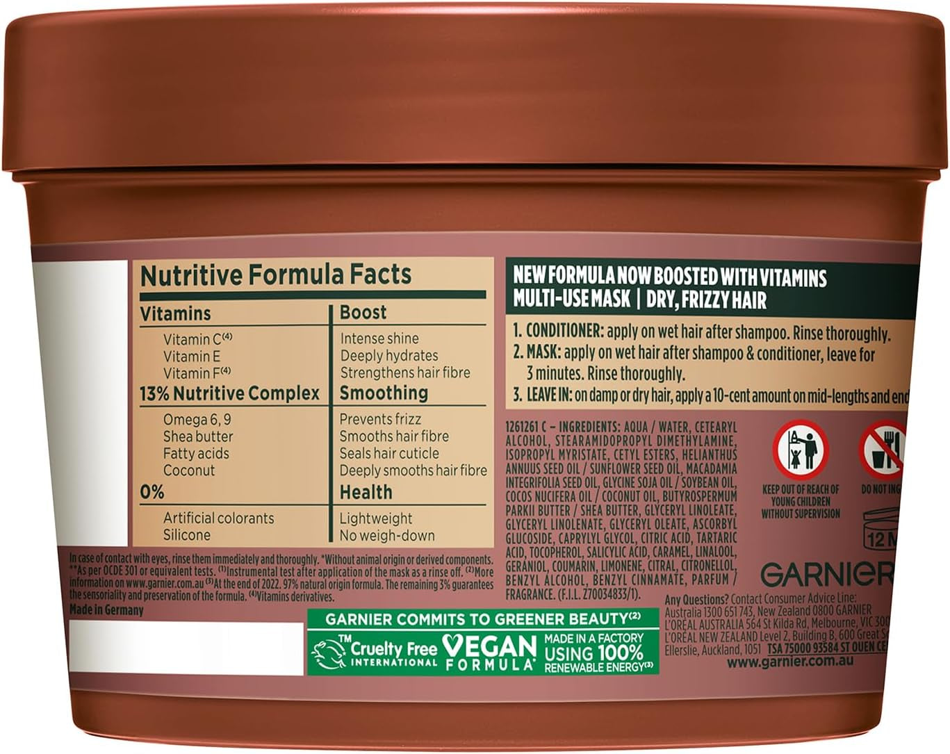 Fructis Hair Food Smoothing Macadamia 3-In-1 Hair Mask Treatment, Frizz Control for Dry Hair - Vegan, 98% Natural Origin, Silicone-Free, Tames and Softens Hair for a Smooth Finish, 390Ml