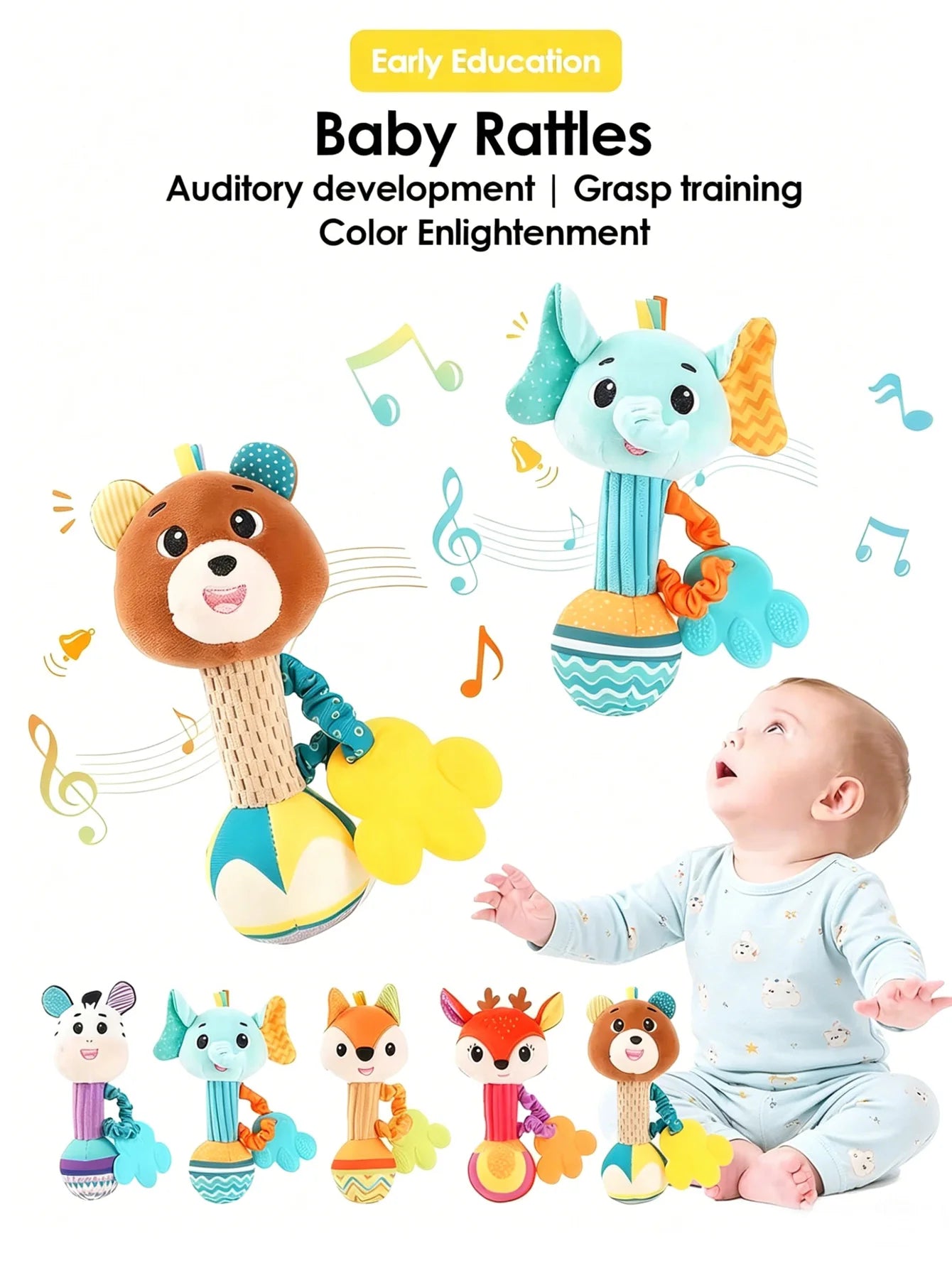 1Pcs 0-6 Months Dental Gum Hand Grip Plush Doll Can Bite Practice Grasping Parent Baby Interactive Puzzle Rattle Soothing Toy