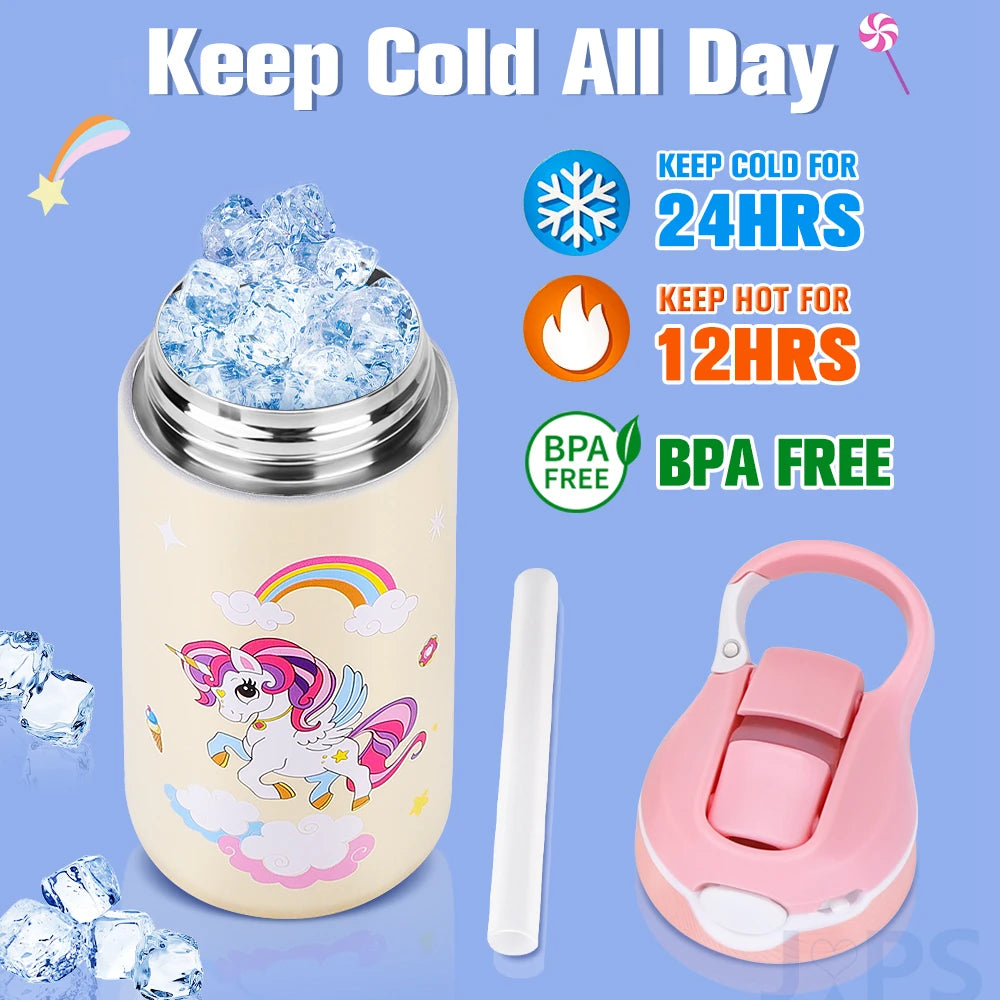 400ML Children Thermal Bottle Unicorn Water Bottle Keep Cold Water Bottle Portable Travel School Water Bottle for Kids Free BPA
