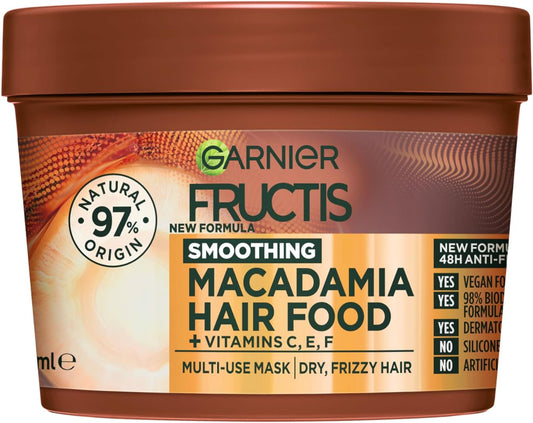 Fructis Hair Food Smoothing Macadamia 3-In-1 Hair Mask Treatment, Frizz Control for Dry Hair - Vegan, 98% Natural Origin, Silicone-Free, Tames and Softens Hair for a Smooth Finish, 390Ml