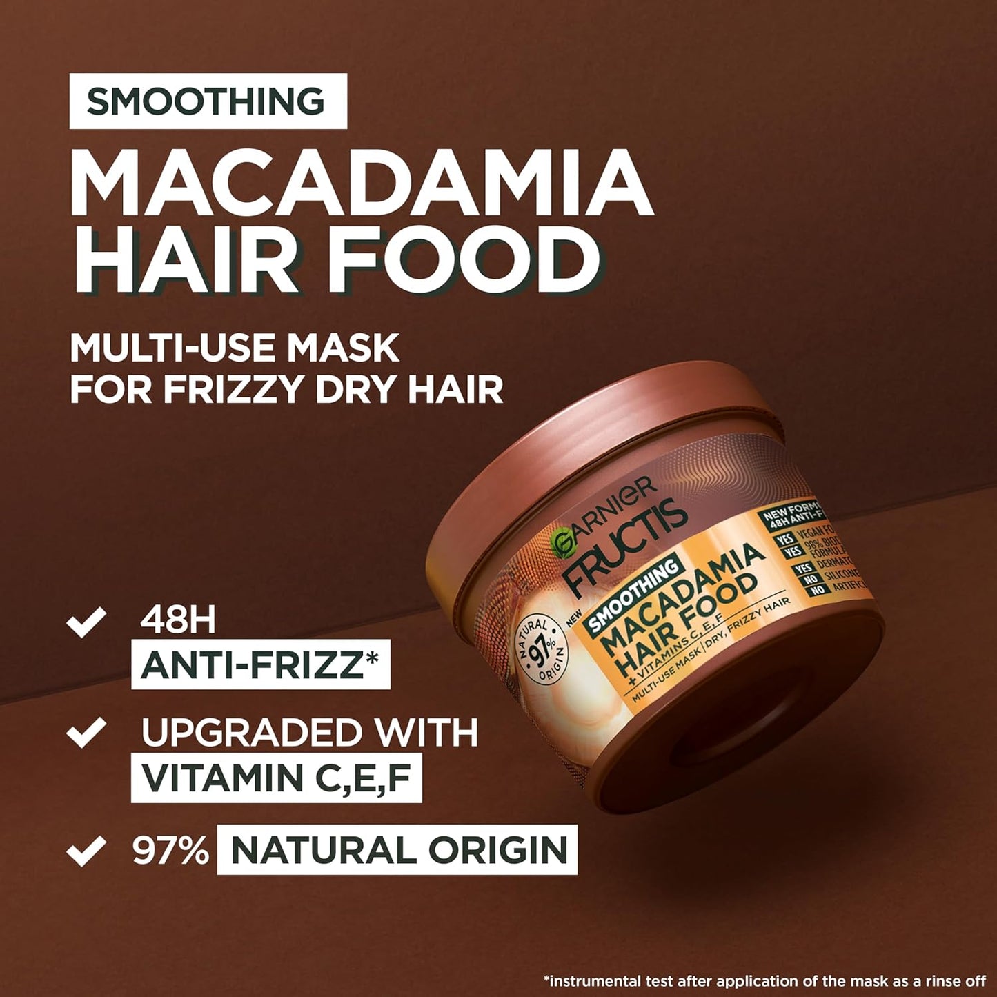 Fructis Hair Food Smoothing Macadamia 3-In-1 Hair Mask Treatment, Frizz Control for Dry Hair - Vegan, 98% Natural Origin, Silicone-Free, Tames and Softens Hair for a Smooth Finish, 390Ml