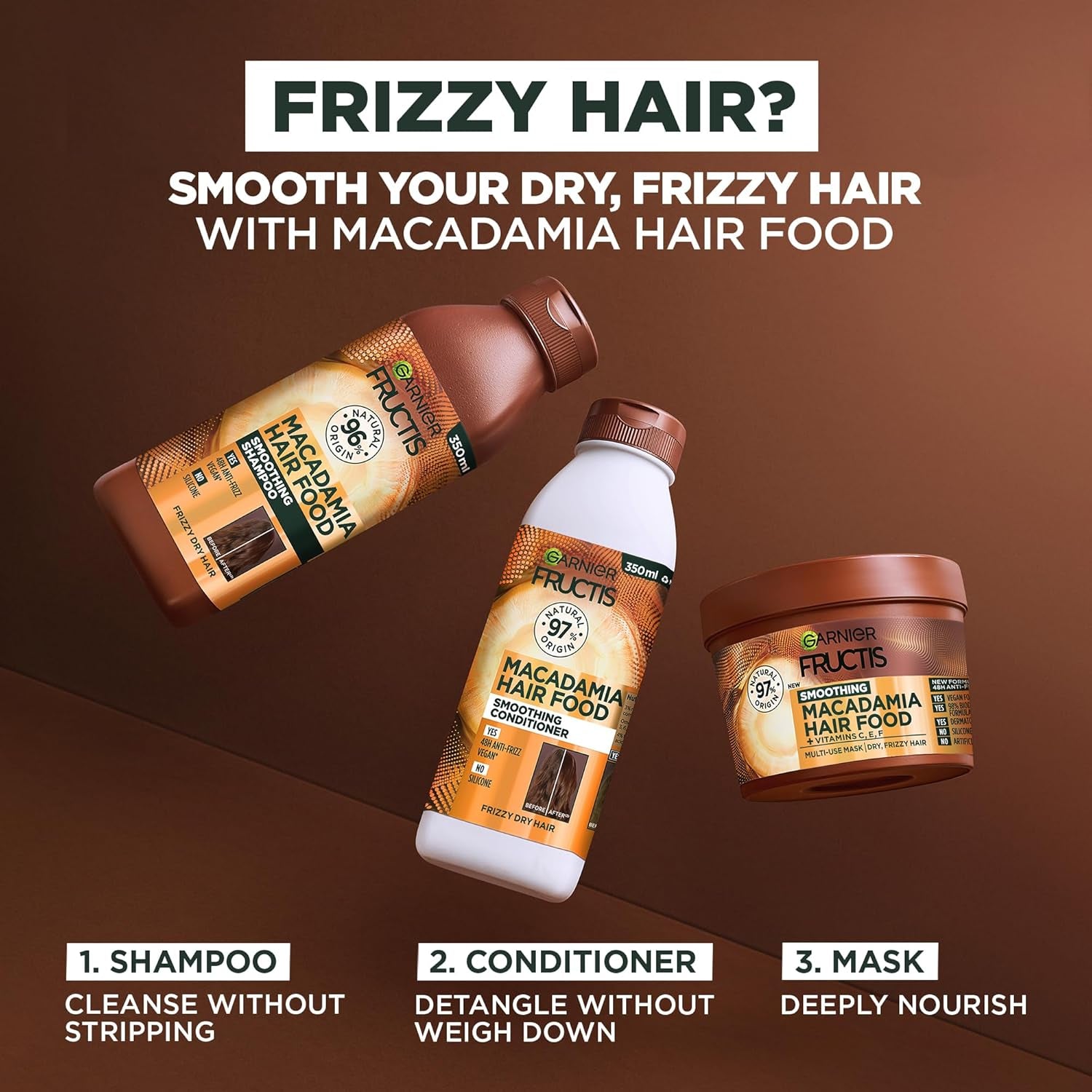 Fructis Hair Food Smoothing Macadamia 3-In-1 Hair Mask Treatment, Frizz Control for Dry Hair - Vegan, 98% Natural Origin, Silicone-Free, Tames and Softens Hair for a Smooth Finish, 390Ml