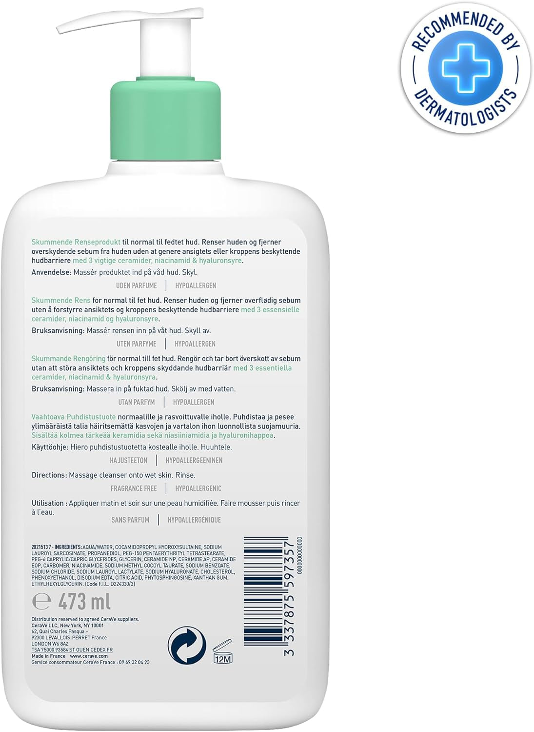 Cerave Foaming Cleanser Gel Face Wash 236Ml, Oil Control for rmal to Oily Skin, Removes Oil & Protects Skin Barrier, for Face + Body, Niacinamide + Ceramides, Fragrance Free